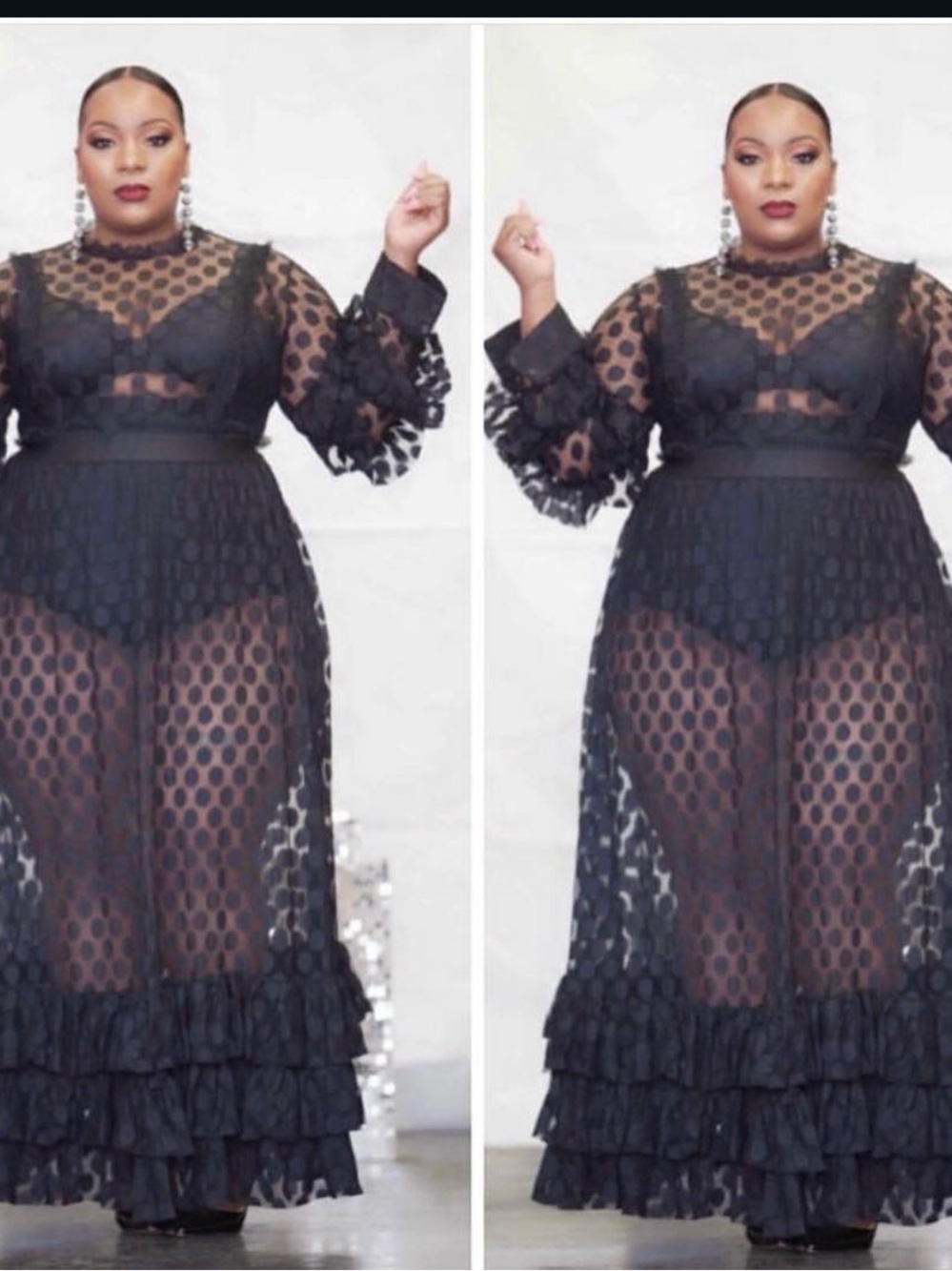 Plus Size Black Sheer Polka Dot Maxi Dress with Ruffle Hem